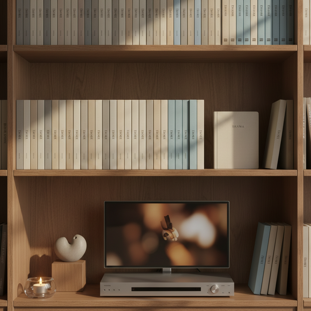 A neatly organized bookshelf in photographic realism, filled with neutral-toned box sets of drama DVDs and slim, fabric-bound notebooks in muted blues and creams. A small, stylish media player sits below, paused on an abstract, blurred scene from a drama so no characters are visible. A delicate glass candle holder with a softly flickering flame and a small, sculptural ceramic object shaped like a heart bring warmth to the scene. Soft afternoon light filters in from the side, creating gentle highlights on the spines and subtle shadows between them. Captured at eye level with moderate depth of field, the atmosphere is sophisticated, calm, and reflective, symbolizing a personal journey of organizing emotions and easing anxiety through curated drama experiences and thoughtful note-taking.