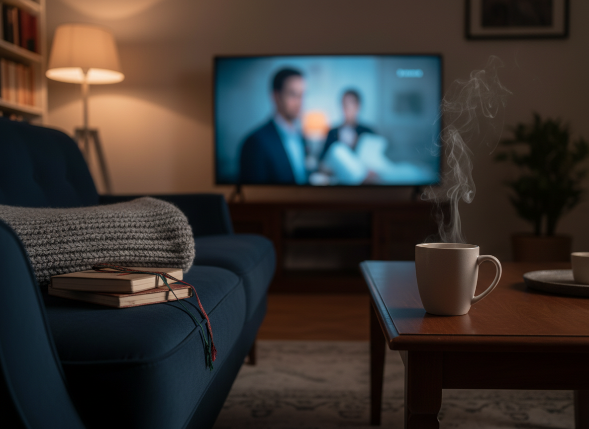 A softly glowing television screen in a dim, elegant living room, showing an indistinct, out-of-focus scene from a drama series. A neatly folded, textured gray blanket rests on a deep navy velvet sofa, beside a small stack of well-worn notebooks with delicate bookmarks peeking out. A ceramic mug of herbal tea sends up a faint curl of steam on a low wooden table. Warm, indirect lamp light mixes with the cool bluish light from the TV, creating gentle, layered shadows. Photographic realism, eye-level composition with shallow depth of field, calm and introspective atmosphere, suggesting quiet nighttime reflection and emotional healing through stories without showing any people on screen.