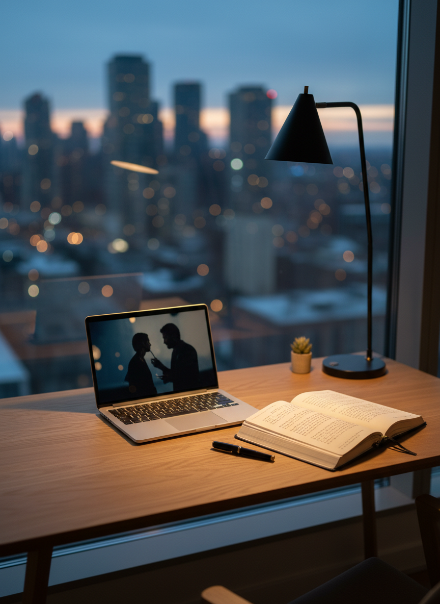 A minimalist wooden desk positioned near a large apartment window at dusk, the city skyline softly blurred beyond the glass. On the desk, an open laptop plays a drama with the image intentionally out of focus, while a structured linen journal lies beside it, filled with neat handwritten reflections, only hinted at and not readable. A slim fountain pen rests diagonally across the page. A single, tall floor lamp casts warm, focused light on the workspace, contrasting with the cool blue evening outside. Shot from a slightly elevated angle in photographic realism, the composition feels sophisticated and orderly, evoking a mood of personal analysis, self-discovery, and quiet processing of anxiety through drama watching and mindful writing.